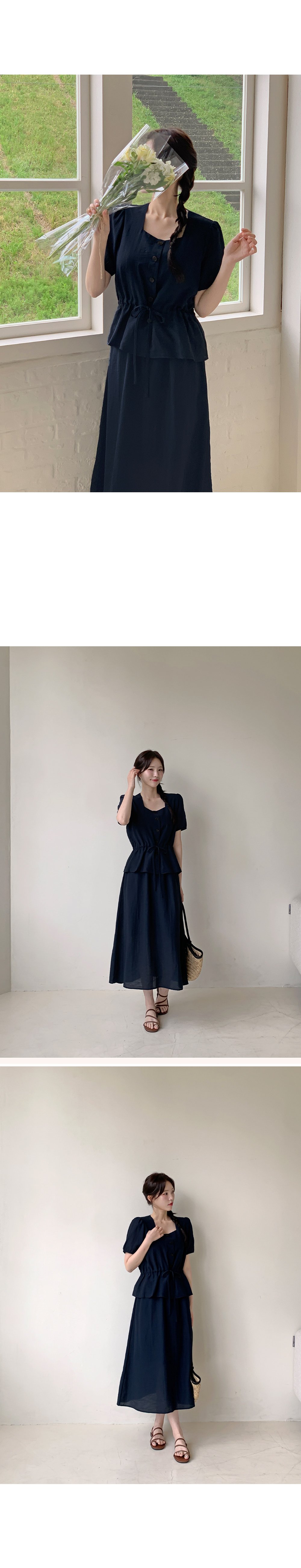 쥬센 스퀘어넥 스트링 반팔 블라우스+밴딩 롱스커트set