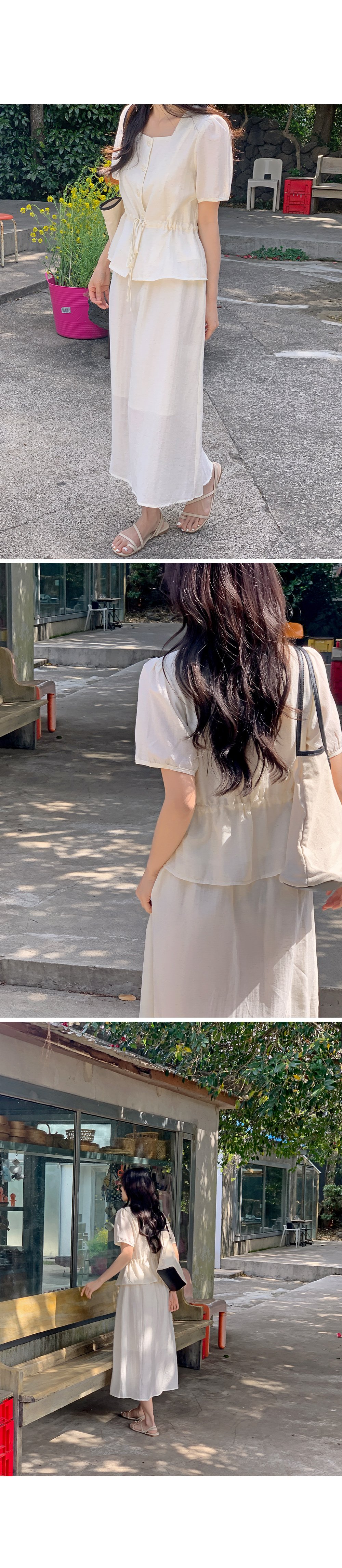 쥬센 스퀘어넥 스트링 반팔 블라우스+밴딩 롱스커트set