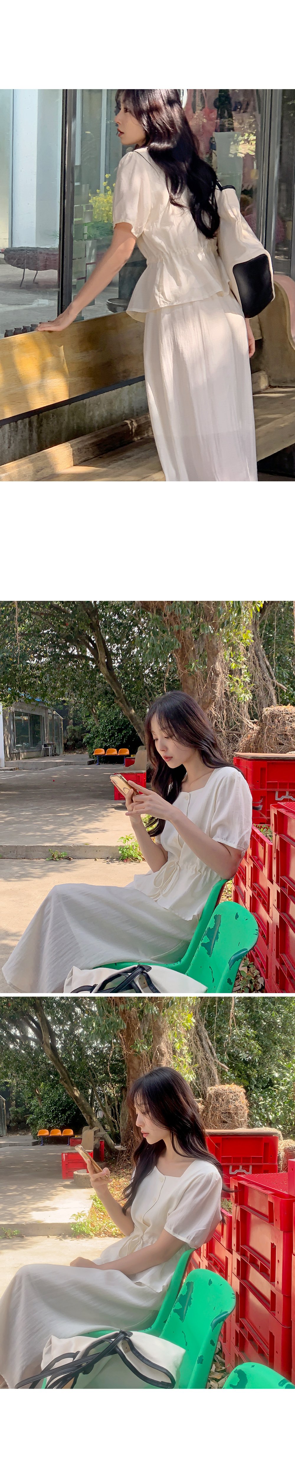 쥬센 스퀘어넥 스트링 반팔 블라우스+밴딩 롱스커트set