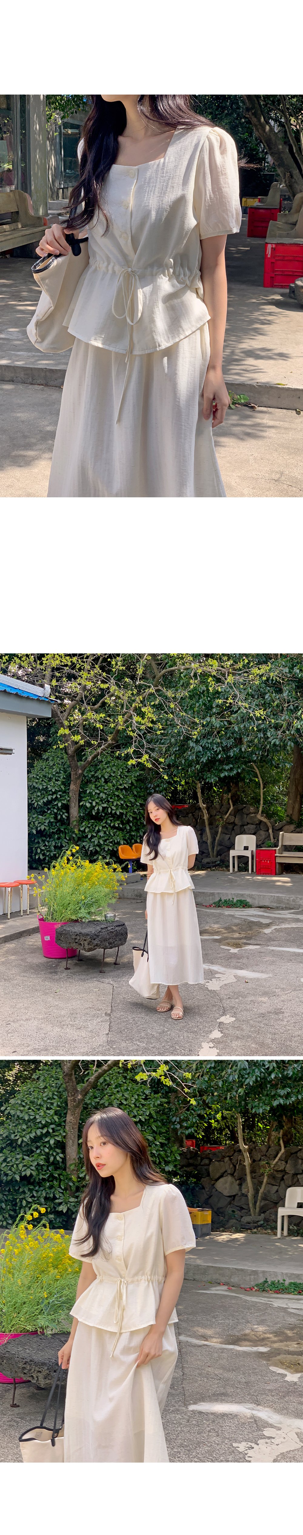 쥬센 스퀘어넥 스트링 반팔 블라우스+밴딩 롱스커트set