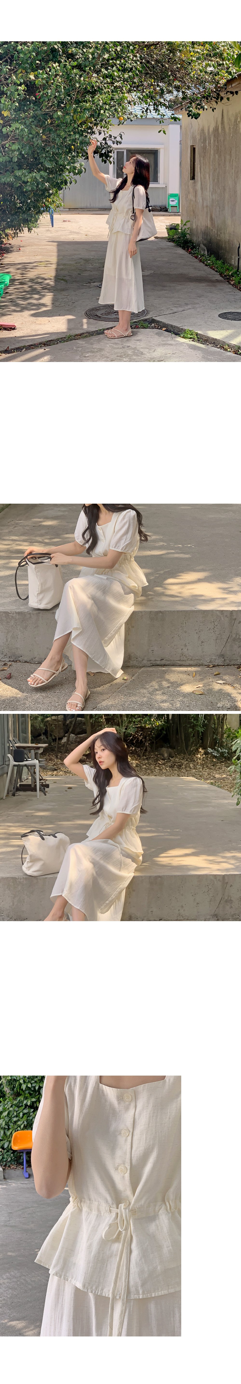 쥬센 스퀘어넥 스트링 반팔 블라우스+밴딩 롱스커트set