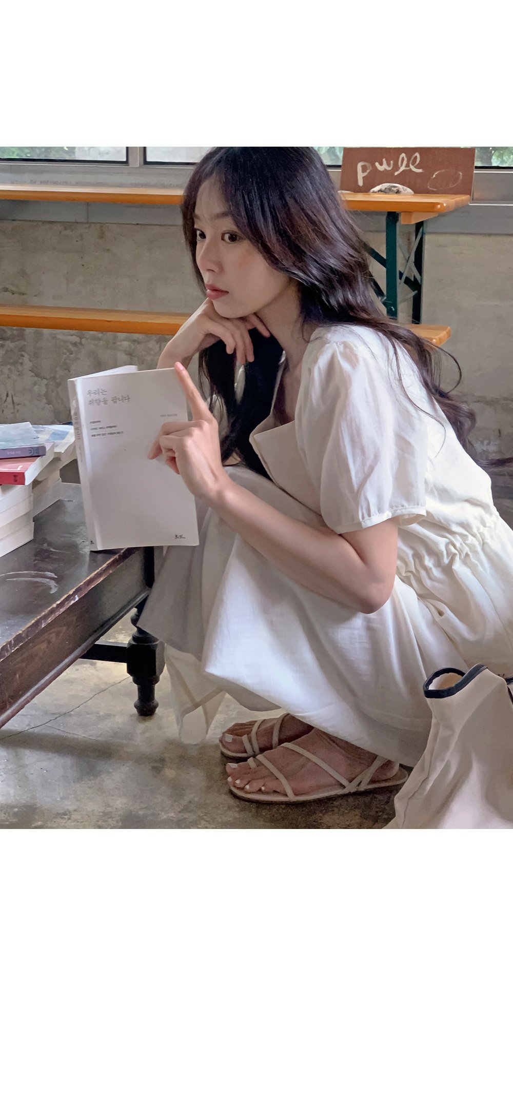 쥬센 스퀘어넥 스트링 반팔 블라우스+밴딩 롱스커트set