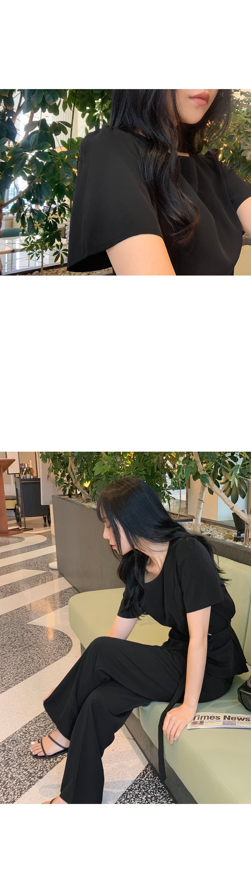 블론즈 라운드넥 페플럼 블라우스+밴딩 세미와이드슬랙스set